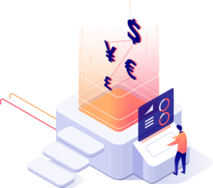 Computer generated graphic of a person at a futuristic computer terminal that is displaying multiple types of currencies, representing cash flow management