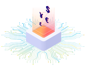 Decorative graphic of different currency signs coming out of a computer chip