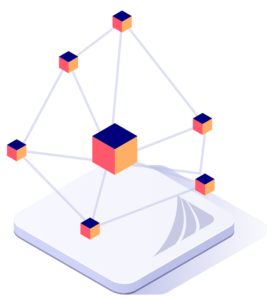 Decorative graphic of interconnected cubes in 3D space